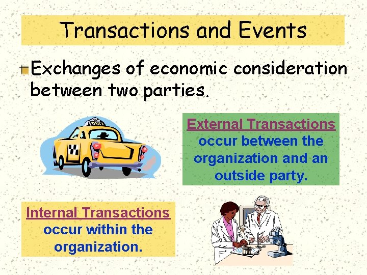 Transactions and Events Exchanges of economic consideration between two parties. External Transactions occur between