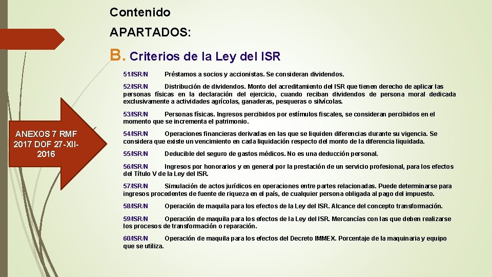 Contenido APARTADOS: B. Criterios de la Ley del ISR 51/ISR/N Préstamos a socios y