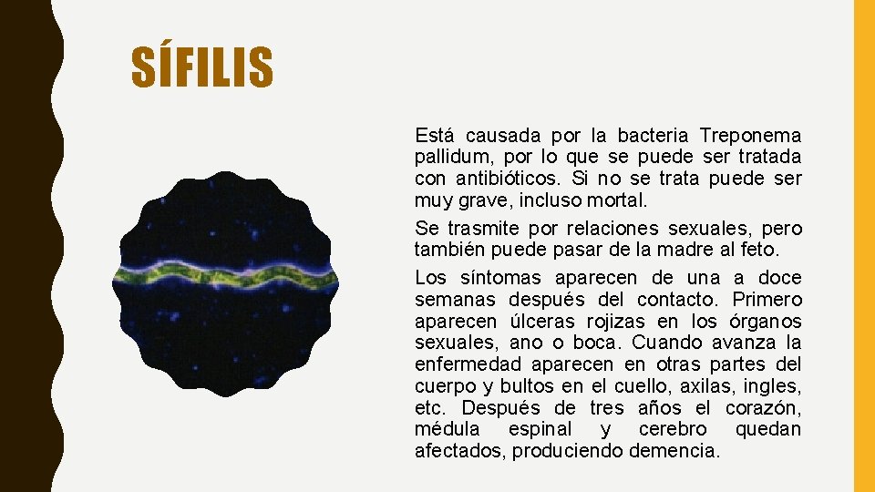 SÍFILIS Está causada por la bacteria Treponema pallidum, por lo que se puede ser