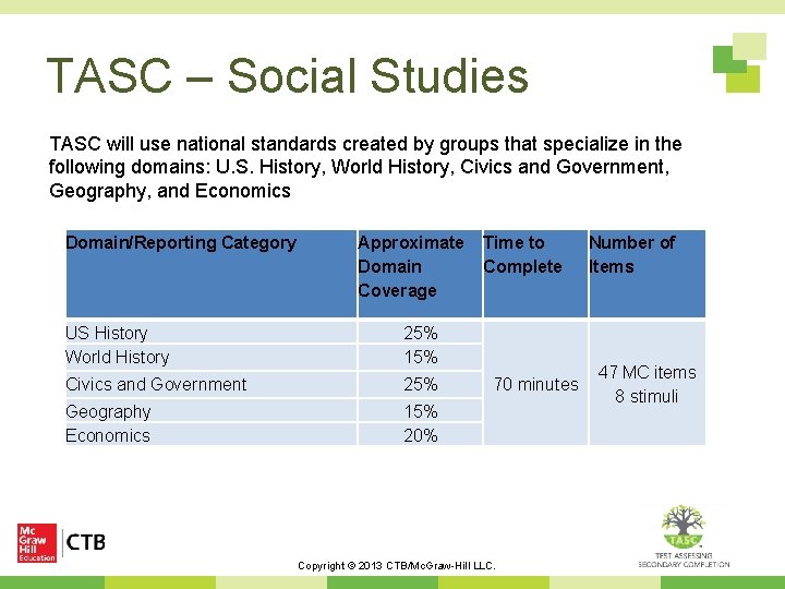 TASC – Social Studies TASC will use national standards created by groups that specialize