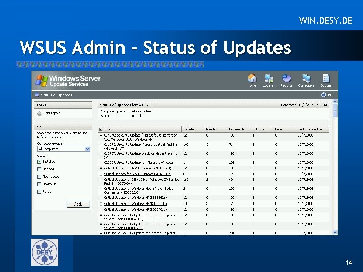 WIN. DESY. DE WSUS Admin – Status of Updates 14 