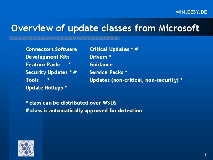 WIN. DESY. DE Overview of update classes from Microsoft Connectors Software Development Kits Feature