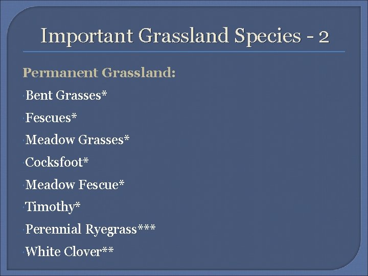 Important Grassland Species - 2 Permanent Grassland: Bent Grasses* Fescues* Meadow Grasses* Cocksfoot* Meadow