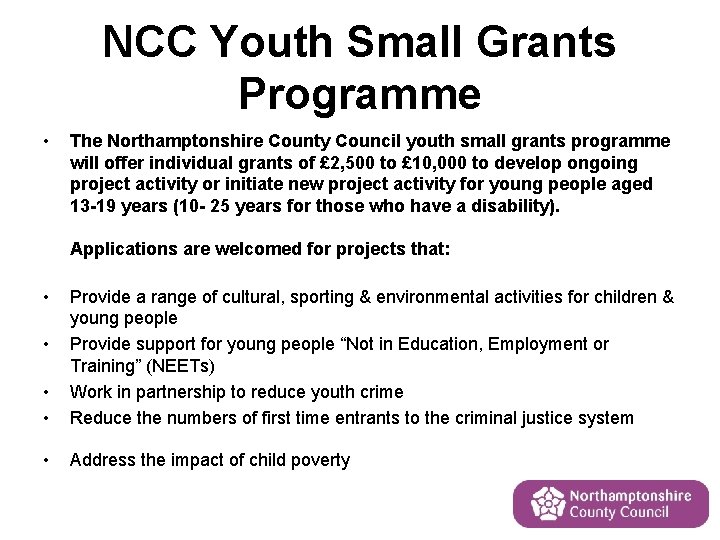 NCC Youth Small Grants Programme • The Northamptonshire County Council youth small grants programme