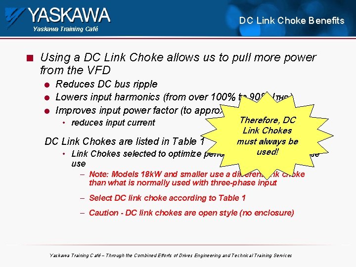 Yaskawa Training Café n DC Link Choke Benefits Using a DC Link Choke allows