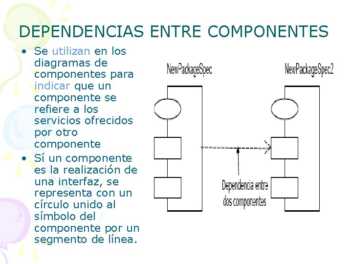 DEPENDENCIAS ENTRE COMPONENTES • Se utilizan en los diagramas de componentes para indicar que