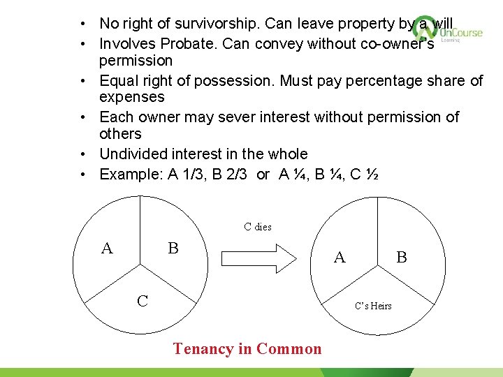  • No right of survivorship. Can leave property by a will • Involves