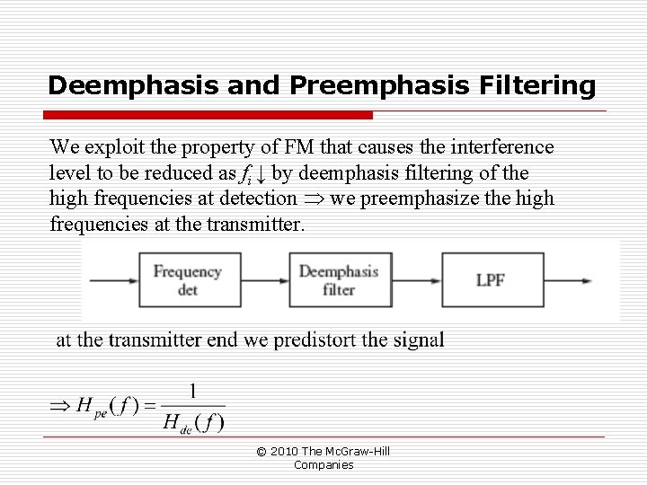 Deemphasis and Preemphasis Filtering We exploit the property of FM that causes the interference Deemphasis and Preemphasis Filtering We exploit the property of FM that causes the interference