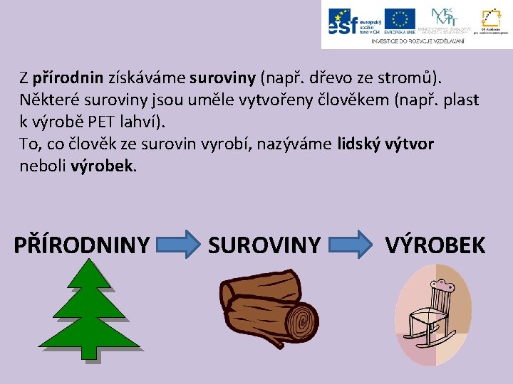 Z přírodnin získáváme suroviny (např. dřevo ze stromů). Některé suroviny jsou uměle vytvořeny člověkem