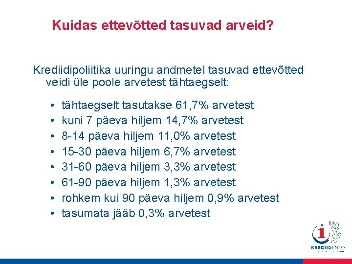 Kuidas ettevõtted tasuvad arveid? Krediidipoliitika uuringu andmetel tasuvad ettevõtted veidi üle poole arvetest tähtaegselt: