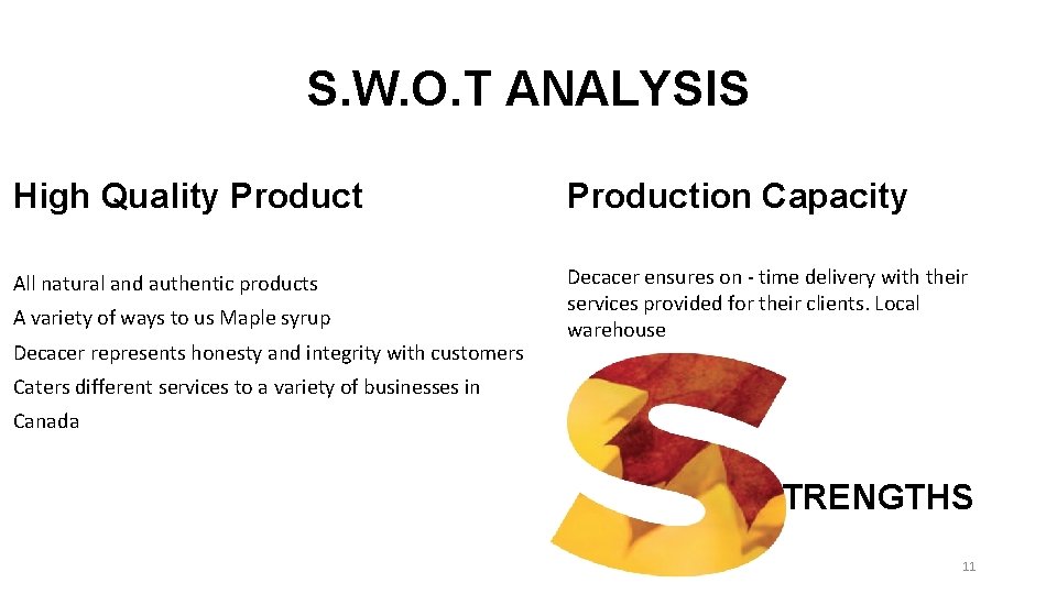 S. W. O. T ANALYSIS High Quality Production Capacity All natural and authentic products S. W. O. T ANALYSIS High Quality Production Capacity All natural and authentic products