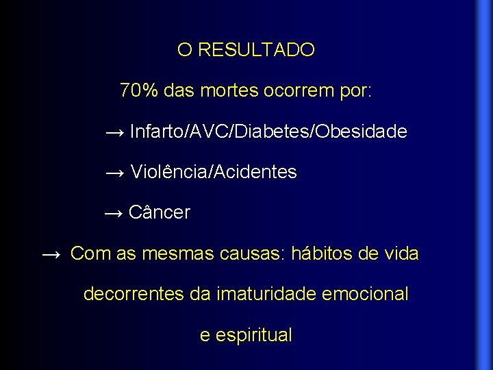 O RESULTADO 70% das mortes ocorrem por: → Infarto/AVC/Diabetes/Obesidade → Violência/Acidentes → Câncer →
