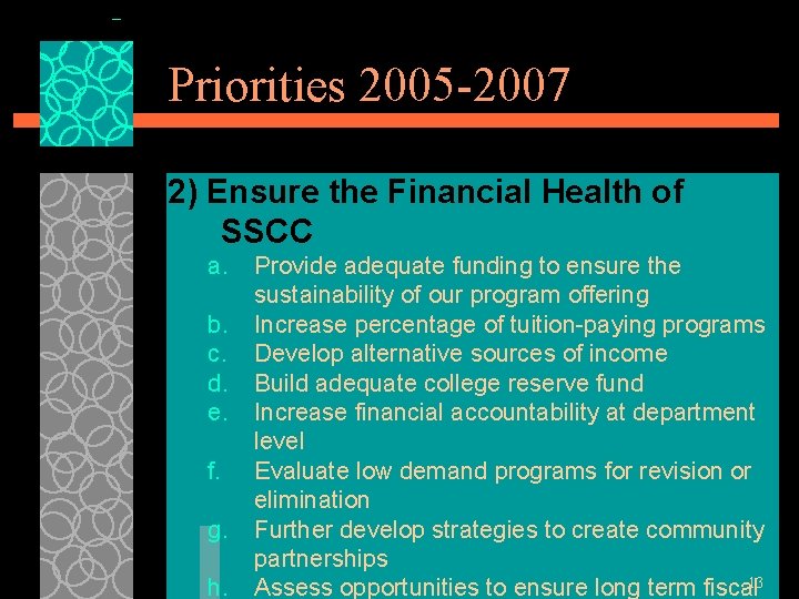 Priorities 2005 -2007 2) Ensure the Financial Health of SSCC a. b. c. d.