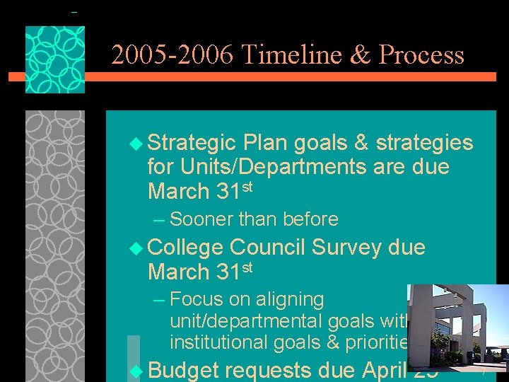 2005 -2006 Timeline & Process u Strategic Plan goals & strategies for Units/Departments are