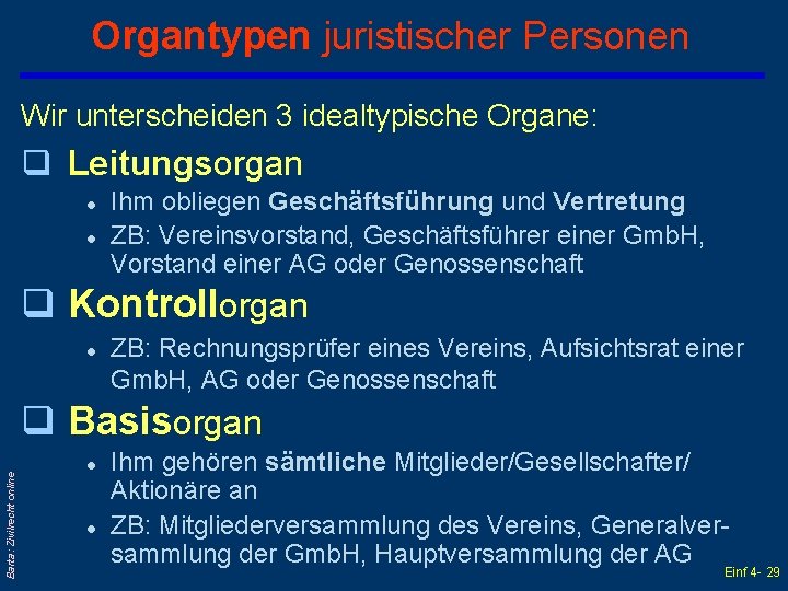 Organtypen juristischer Personen Wir unterscheiden 3 idealtypische Organe: q Leitungsorgan l l Ihm obliegen