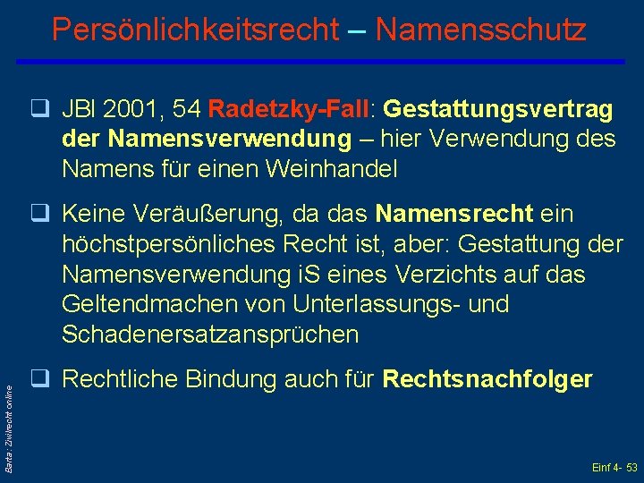 Persönlichkeitsrecht – Namensschutz q JBl 2001, 54 Radetzky-Fall: Gestattungsvertrag der Namensverwendung – hier Verwendung