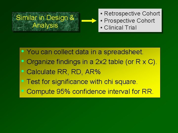 Similar in Design & Analysis • Retrospective Cohort • Prospective Cohort • Clinical Trial