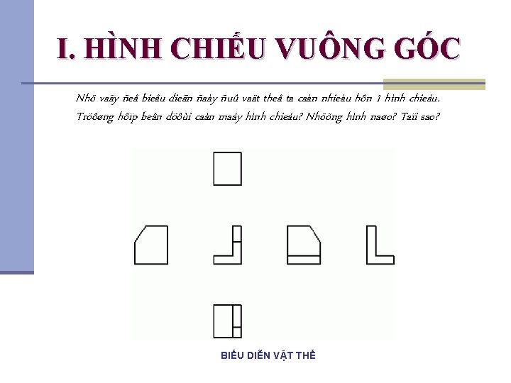 I. HÌNH CHIẾU VUÔNG GÓC Nhö vaäy ñeå bieåu dieãn ñaày ñuû vaät theå