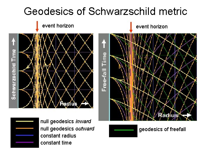 Geodesics of Schwarzschild metric event horizon null geodesics inward null geodesics outward constant radius Geodesics of Schwarzschild metric event horizon null geodesics inward null geodesics outward constant radius
