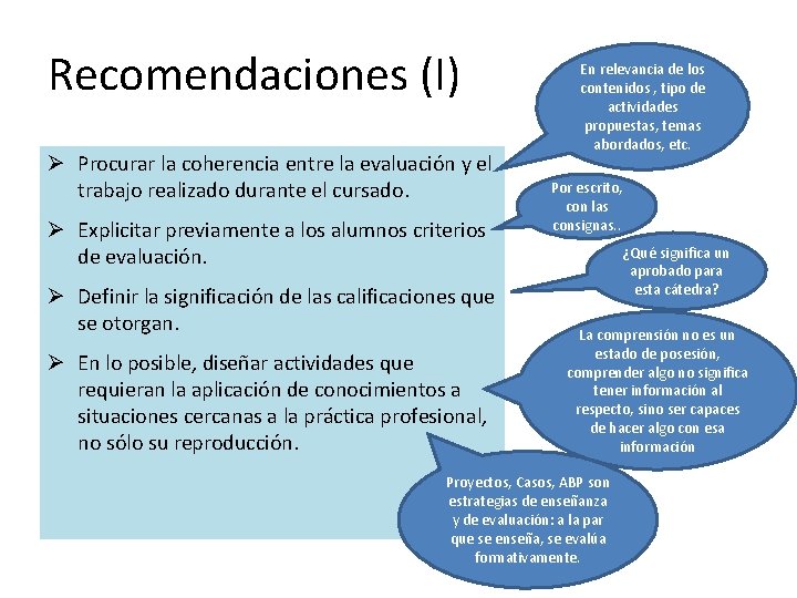 Recomendaciones (I) Ø Procurar la coherencia entre la evaluación y el trabajo realizado durante
