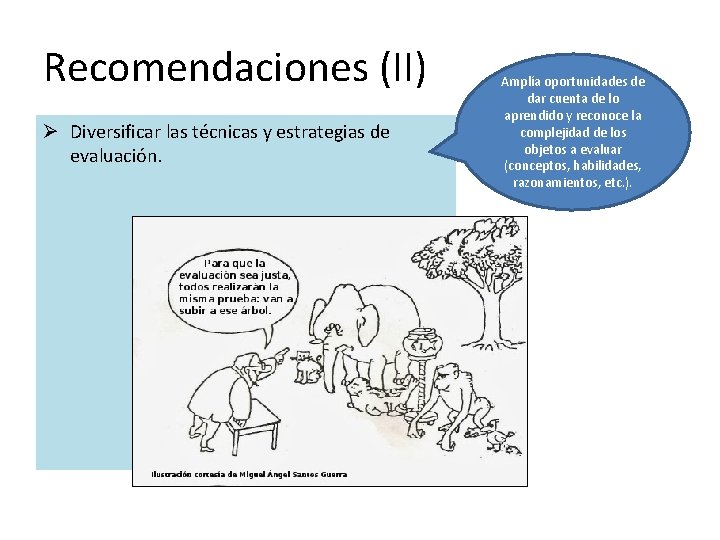 Recomendaciones (II) Ø Diversificar las técnicas y estrategias de evaluación. Amplía oportunidades de dar
