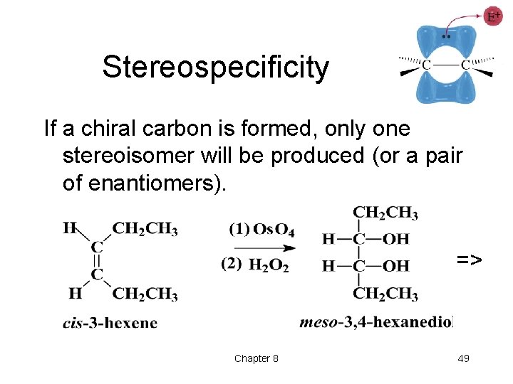 Stereospecificity If a chiral carbon is formed, only one stereoisomer will be produced (or