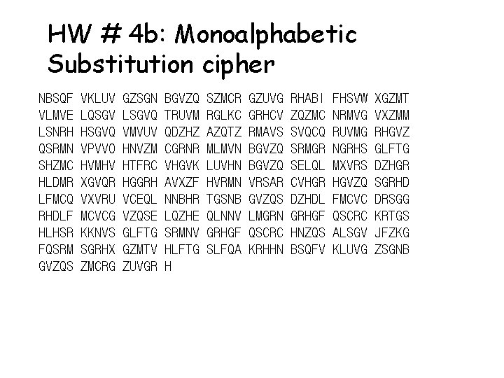 HW # 4 b: Monoalphabetic Substitution cipher NBSQF VLMVE LSNRH QSRMN SHZMC HLDMR LFMCQ