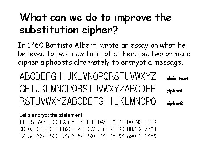 What can we do to improve the substitution cipher? In 1460 Battista Alberti wrote