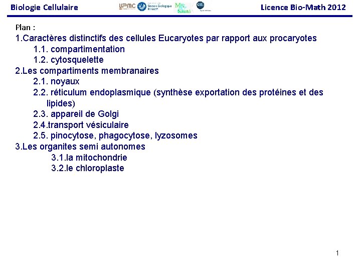 Biologie Cellulaire Licence Bio-Math 2012 Plan : 1. Caractères distinctifs des cellules Eucaryotes par