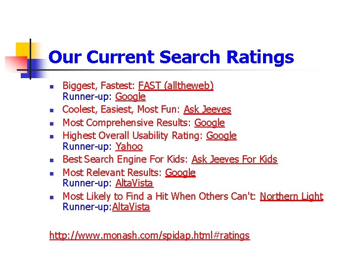 Our Current Search Ratings n n n n Biggest, Fastest: FAST (alltheweb) Runner-up: Google