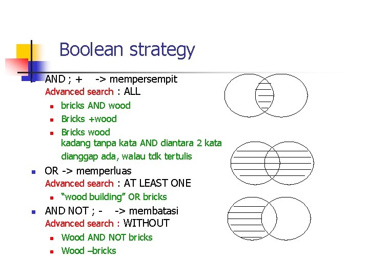 Boolean strategy n AND ; + -> mempersempit Advanced search : ALL n n