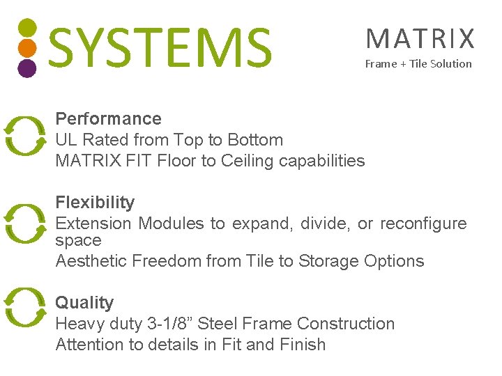 SYSTEMS MATRIX Frame + Tile Solution Performance UL Rated from Top to Bottom MATRIX