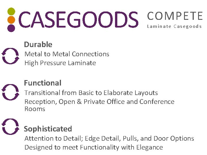 CASEGOODS COMPETE Laminate Casegoods Durable Metal to Metal Connections High Pressure Laminate Functional Transitional