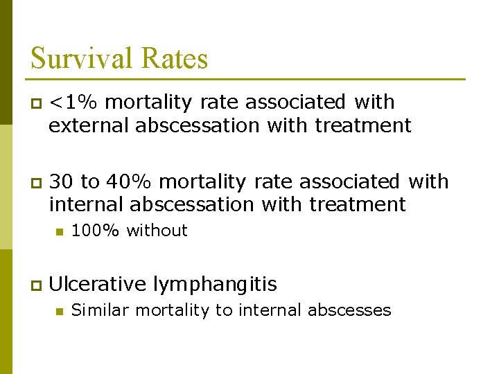 Survival Rates p <1% mortality rate associated with external abscessation with treatment p 30