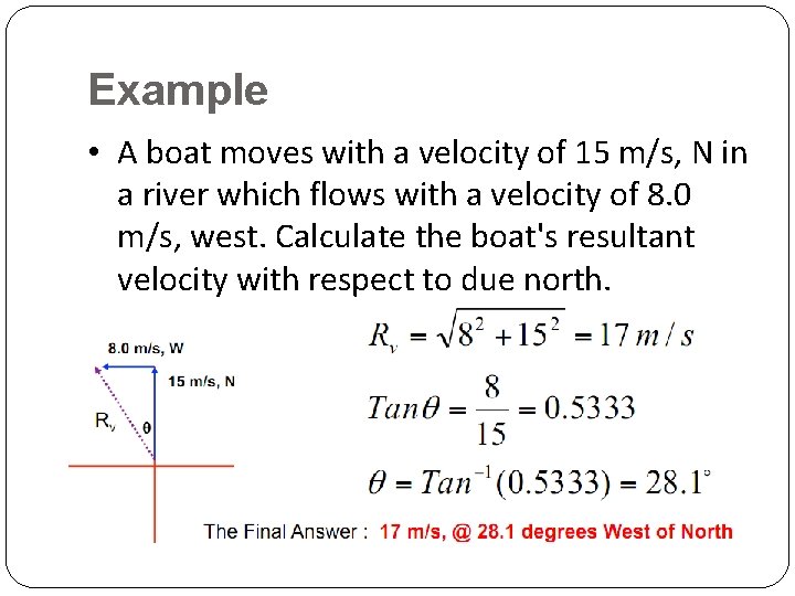 Example • A boat moves with a velocity of 15 m/s, N in a