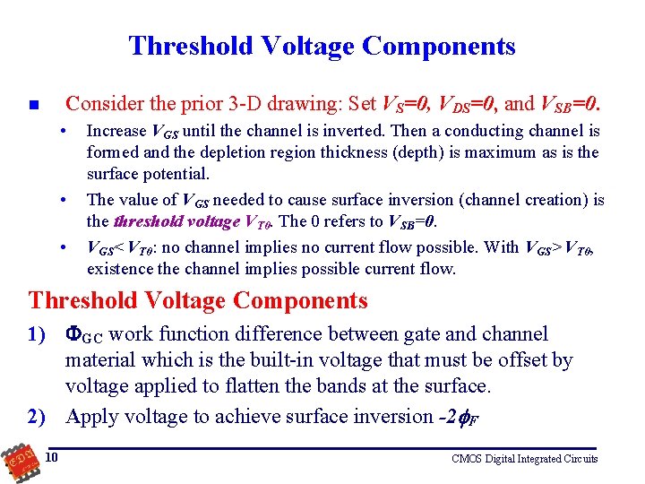 Threshold Voltage Components Consider the prior 3 -D drawing: Set VS=0, VDS=0, and VSB=0.