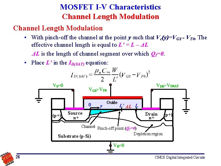 MOSFET I-V Characteristics Channel Length Modulation • With pinch-off the channel at the point