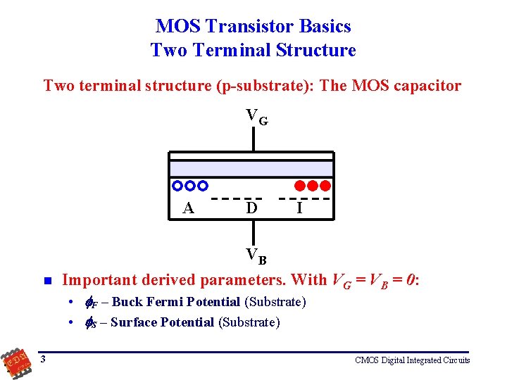 MOS Transistor Basics Two Terminal Structure Two terminal structure (p-substrate): The MOS capacitor VG