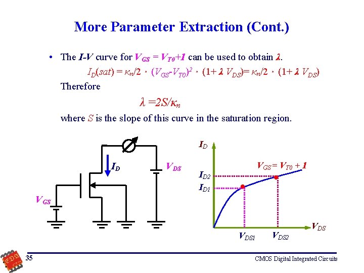 More Parameter Extraction (Cont. ) • The I-V curve for VGS = VT 0+1