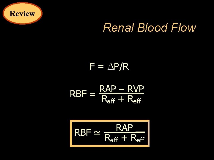 Review Renal Blood Flow F = P/R RAP – RVP RBF = Raff +