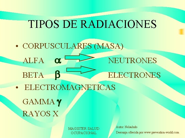 TIPOS DE RADIACIONES • CORPUSCULARES (MASA) ALFA a b NEUTRONES BETA ELECTRONES • ELECTROMAGNETICAS