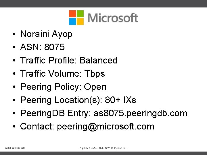  • • Noraini Ayop ASN: 8075 Traffic Profile: Balanced Traffic Volume: Tbps Peering