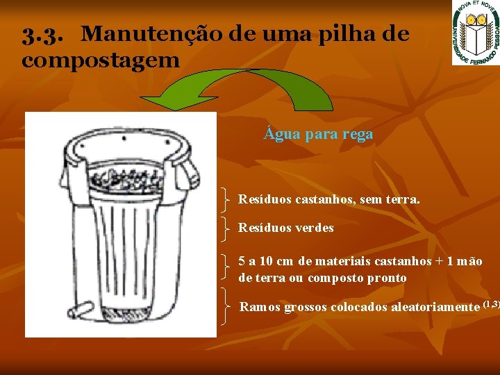 3. 3. Manutenção de uma pilha de compostagem Água para rega Resíduos castanhos, sem