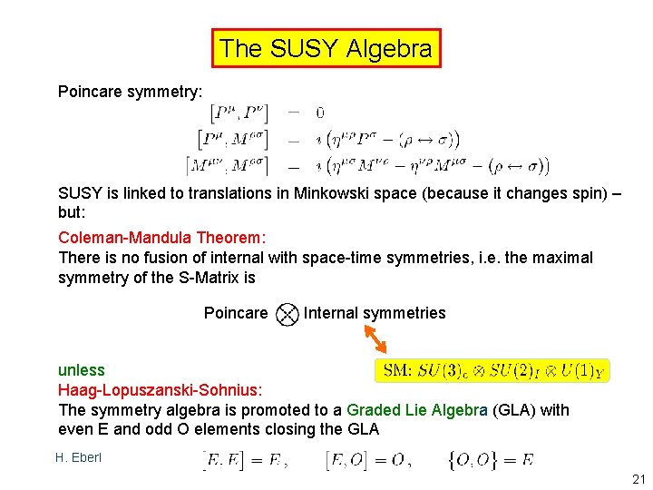 The SUSY Algebra Poincare symmetry: SUSY is linked to translations in Minkowski space (because