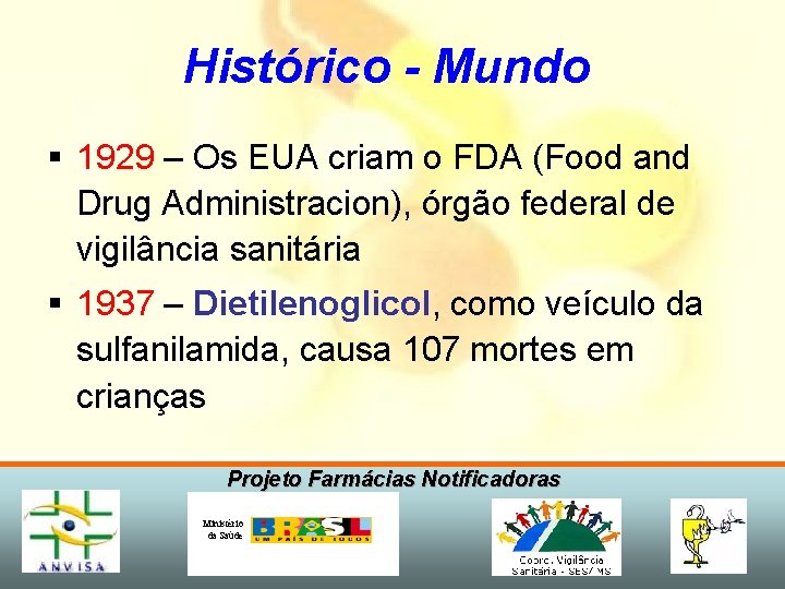 Histórico - Mundo § 1929 – Os EUA criam o FDA (Food and Drug