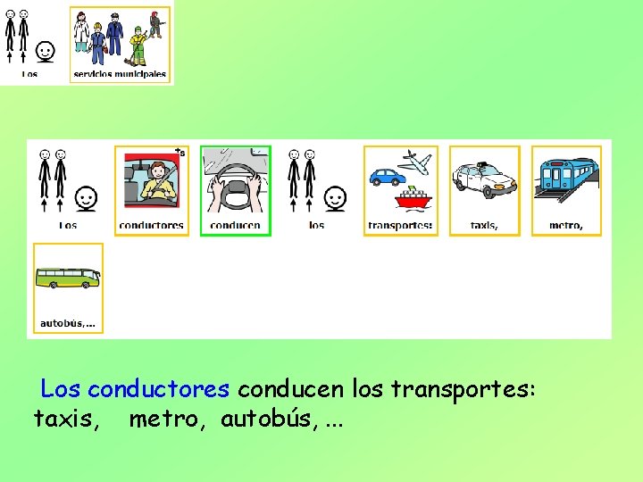 Los conductores conducen los transportes: taxis, metro, autobús, . . . 