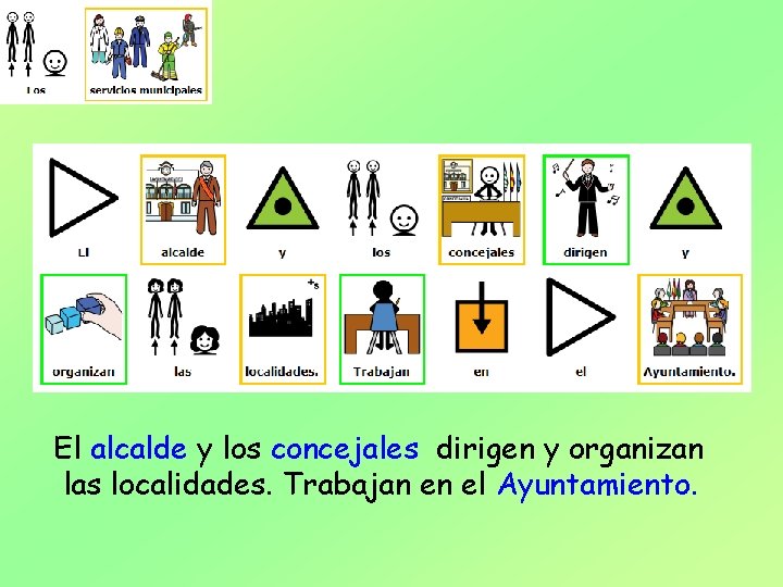 El alcalde y los concejales dirigen y organizan las localidades. Trabajan en el Ayuntamiento.