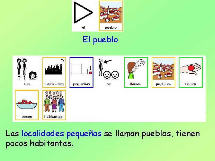 El pueblo Las localidades pequeñas se llaman pueblos, tienen pocos habitantes. 