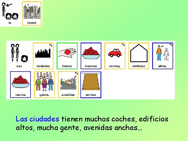 Las ciudades tienen muchos coches, edificios altos, mucha gente, avenidas anchas… 