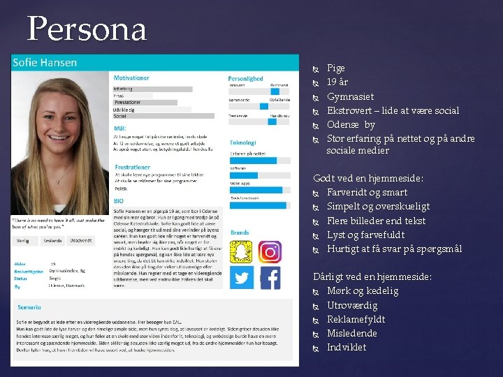 Persona Pige 19 år Gymnasiet Ekstrovert – lide at være social Odense by Stor